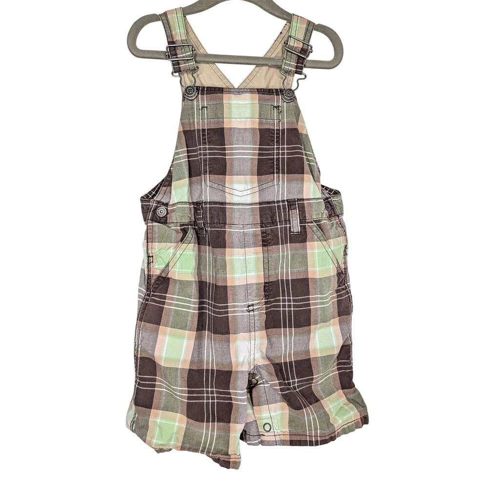 Gymboree Boys Brown Green Plaid Cotton Shortall Overalls 3T RN70530